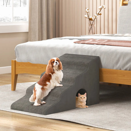 4-Tier High Density Foam Dog Ramps Extra Wide Pet Stairs with Non-slip Bottom-Gray