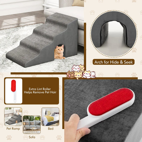 4-Tier High Density Foam Dog Ramps Extra Wide Pet Stairs with Non-slip Bottom-Gray