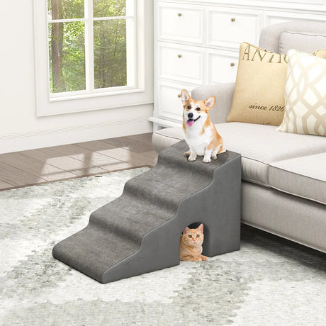 4-Tier High Density Foam Dog Ramps Extra Wide Pet Stairs with Non-slip Bottom-Gray