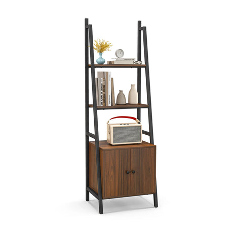 4-Tier Ladder Shelf with Cabinet and Metal Frame-Rustic Brown