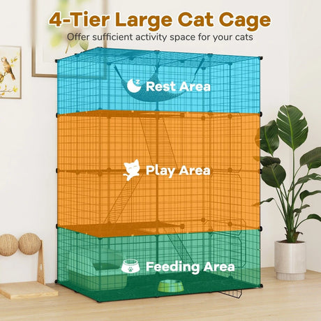 4 Tier Large Cat Enclosure with Comfy Hammock Ladders and Doors-Black