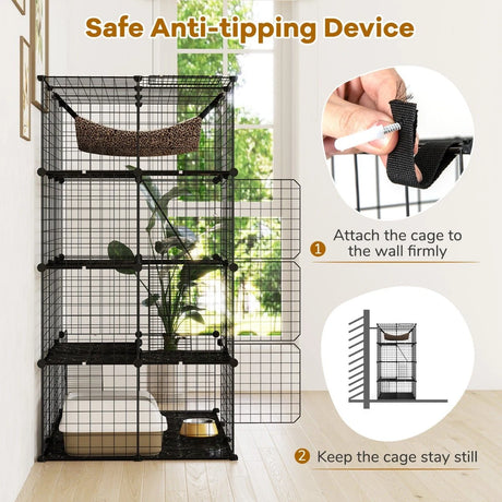4 Tier Large Cat Enclosure with Comfy Hammock Ladders and Doors-Black