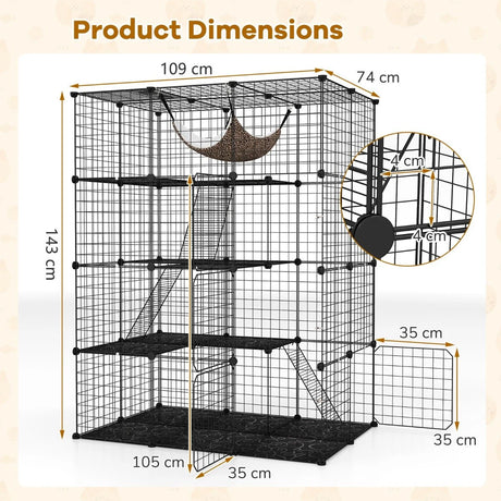 4 Tier Large Cat Enclosure with Comfy Hammock Ladders and Doors-Black