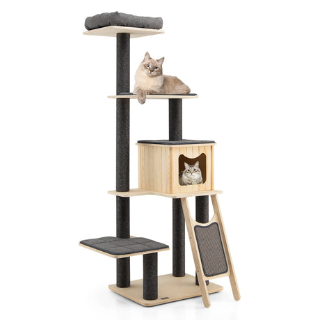 Solid Wood 4-Tier Cat Tree with Scratching Sisal Posts & Mat