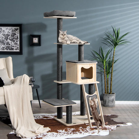 Solid Wood 4-Tier Cat Tree with Scratching Sisal Posts & Mat