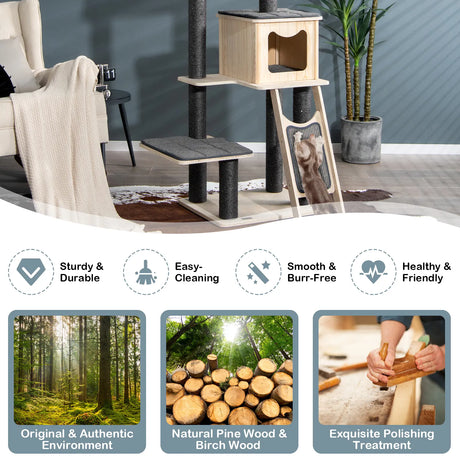 Solid Wood 4-Tier Cat Tree with Scratching Sisal Posts & Mat