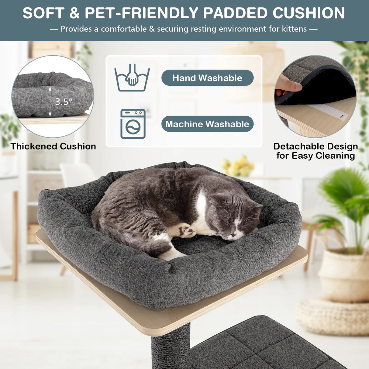 Solid Wood 4-Tier Cat Tree with Scratching Sisal Posts & Mat