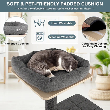 Solid Wood 4-Tier Cat Tree with Scratching Sisal Posts & Mat