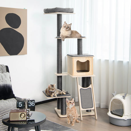 Solid Wood 4-Tier Cat Tree with Scratching Sisal Posts & Mat