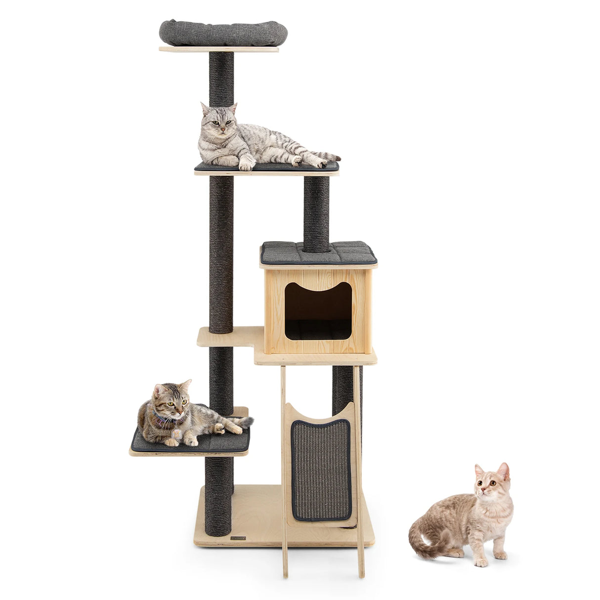 Solid Wood 4-Tier Cat Tree with Scratching Sisal Posts & Mat