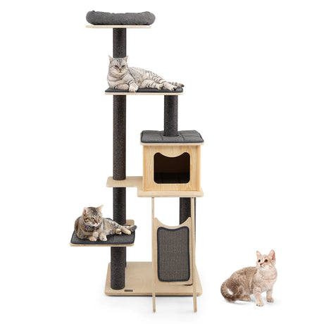 Solid Wood 4-Tier Cat Tree with Scratching Sisal Posts & Mat