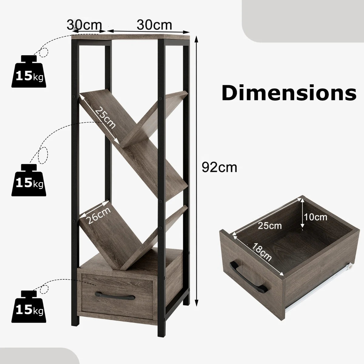 4 Tier Floor Standing Tree Bookshelf with Drawer for Small Space-Grey