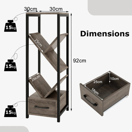 4 Tier Floor Standing Tree Bookshelf with Drawer for Small Space-Grey