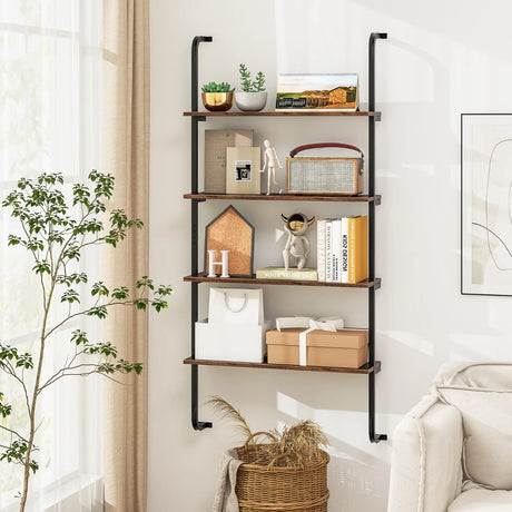 4-Tier Industrial Pipe Shelving with Metal Frame for Living Room Kitchen-Rustic Brown