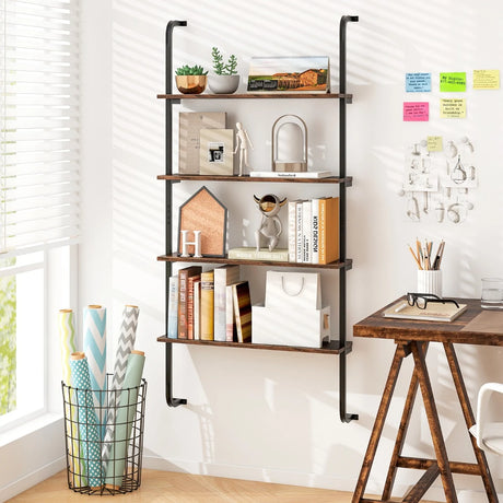 4-Tier Industrial Pipe Shelving with Metal Frame for Living Room Kitchen-Rustic Brown