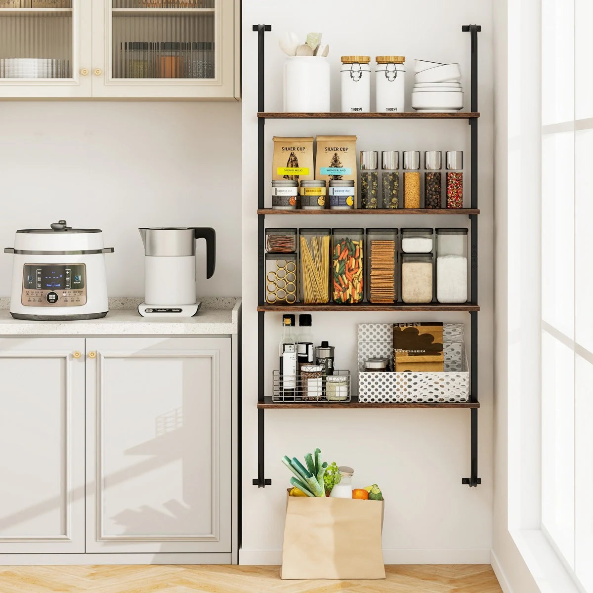 4-Tier Industrial Pipe Shelving with Metal Frame for Living Room Kitchen-Rustic Brown