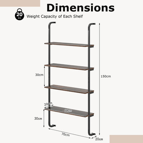 4-Tier Industrial Pipe Shelving with Metal Frame for Living Room Kitchen-Rustic Brown