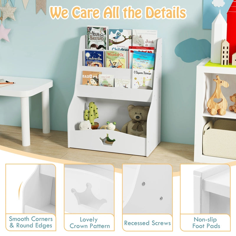 4-Tier Kids Bookshelf with Shelves and Compartment for Toddlers-White