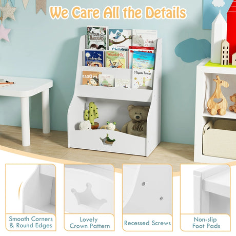 4-Tier Kids Bookshelf with Shelves and Compartment for Toddlers-White