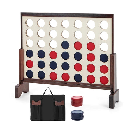 Wooden4-in-a-row Game Set with 42 PCS Chips and 600D Oxford Fabric Carrying Bag-Brown