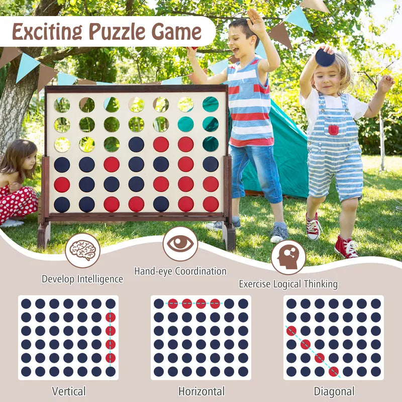 Wooden4-in-a-row Game Set with 42 PCS Chips and 600D Oxford Fabric Carrying Bag-Brown
