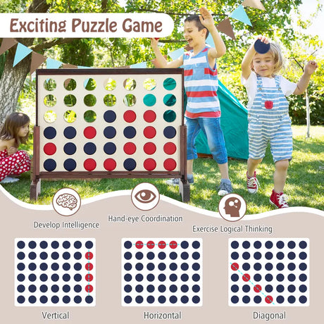 Wooden4-in-a-row Game Set with 42 PCS Chips and 600D Oxford Fabric Carrying Bag-Brown