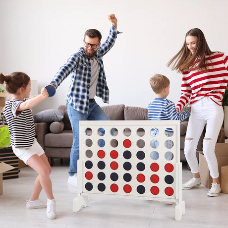 Wooden4-in-a-row Game Set with 42 PCS Chips and 600D Oxford Fabric Carrying Bag-White
