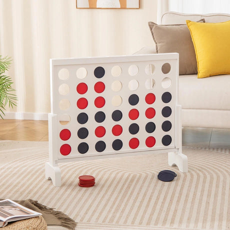 Wooden4-in-a-row Game Set with 42 PCS Chips and 600D Oxford Fabric Carrying Bag-White
