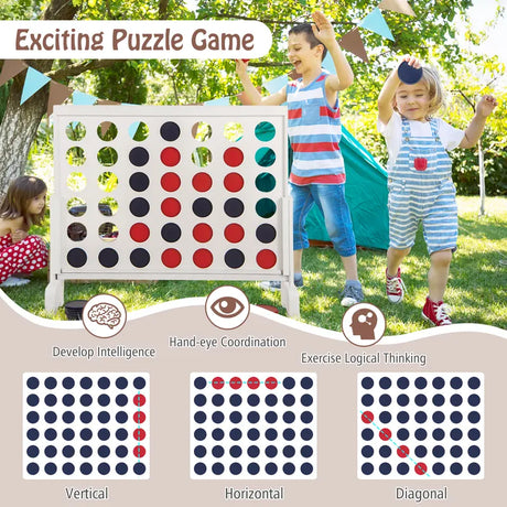 Wooden4-in-a-row Game Set with 42 PCS Chips and 600D Oxford Fabric Carrying Bag-White