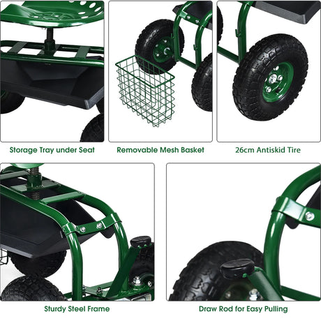 4-Wheel Rolling Garden Cart Work Seat