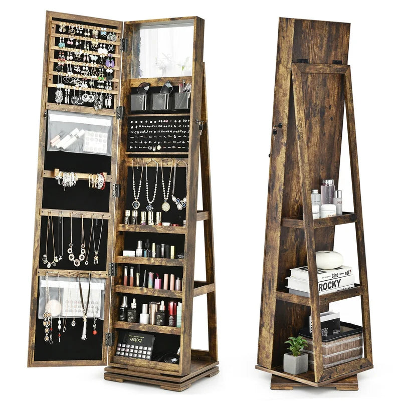 Full Length Mirrored Jewellery Cabinet Rotates 360 with Open Display Shelves-Brown-Coffee