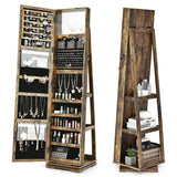 Full Length Mirrored Jewellery Cabinet Rotates 360 with Open Display Shelves-Brown-Coffee