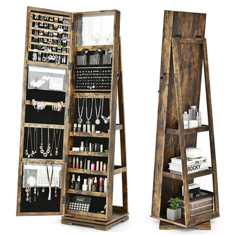 Full Length Mirrored Jewellery Cabinet Rotates 360 with Open Display Shelves-Brown-Coffee