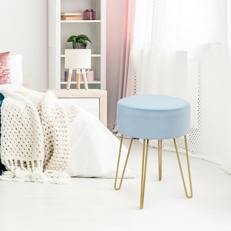 Round Velvet Ottoman Footrest Stool Side Table Dressing Chair with Metal Legs-Blue