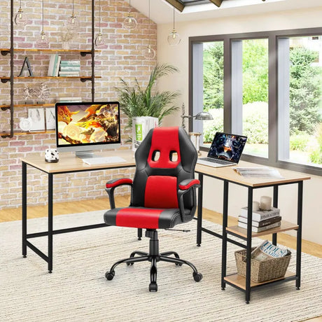 L-Shaped Corner Computer Desk with 2-Tier Storage Shelf-Natural