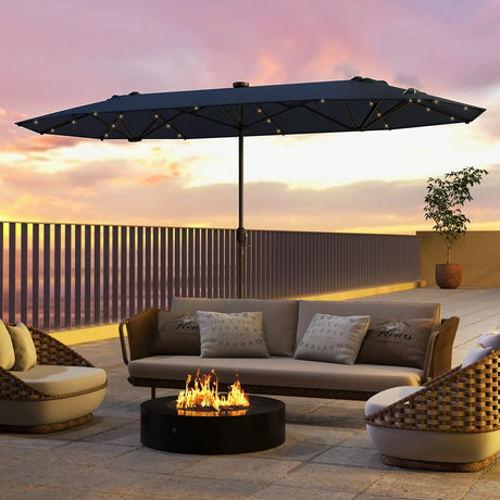 13FT Double-sided Patio Umbrella with Solar Lights for Garden Pool Backyard-Navy
