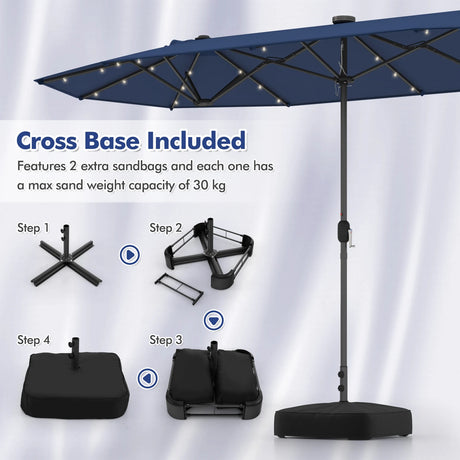 13FT Double-sided Patio Umbrella with Solar Lights for Garden Pool Backyard-Navy