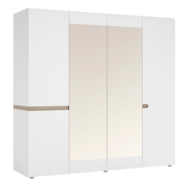 Chelsea Bedroom 4 Door wardrobe with mirrors in white with an Truffle Oak Trim