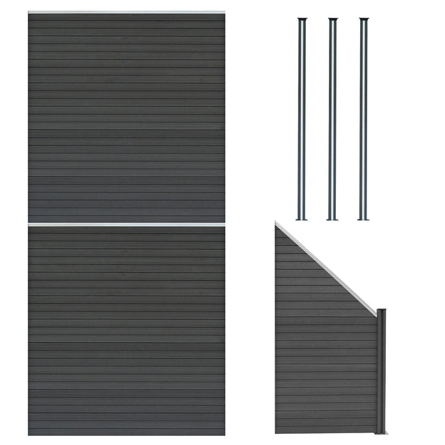 Composite Fence Panels, Angled Piece & LED Posts 6ft x  14.5ft - Grey