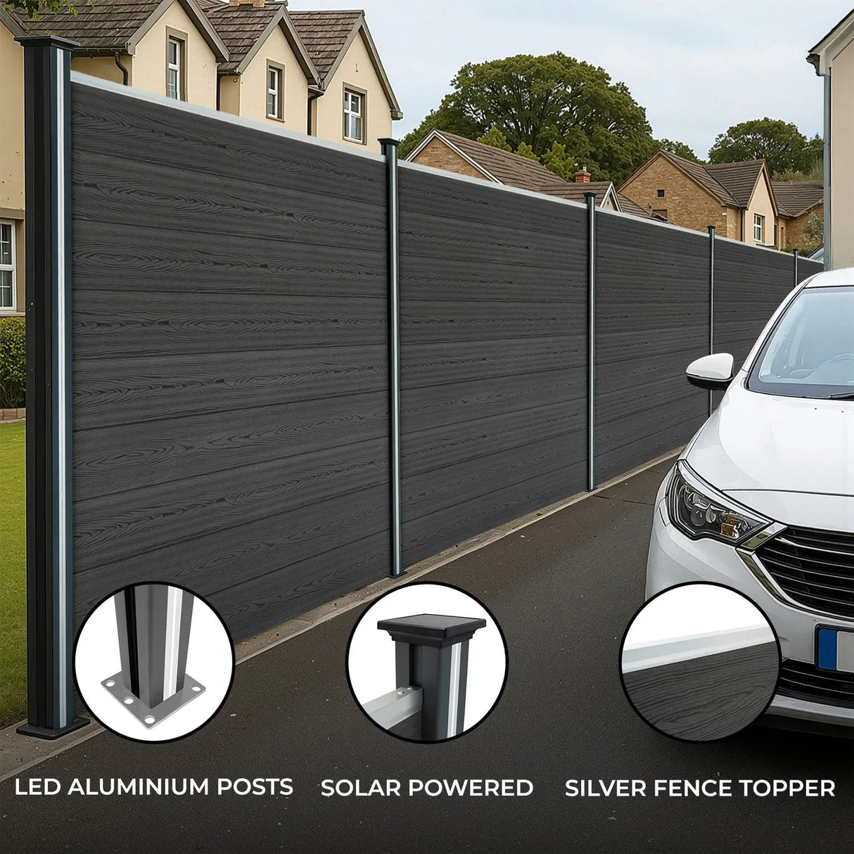 Composite Fence Panels & LED Posts 6ft x 29ft - Grey