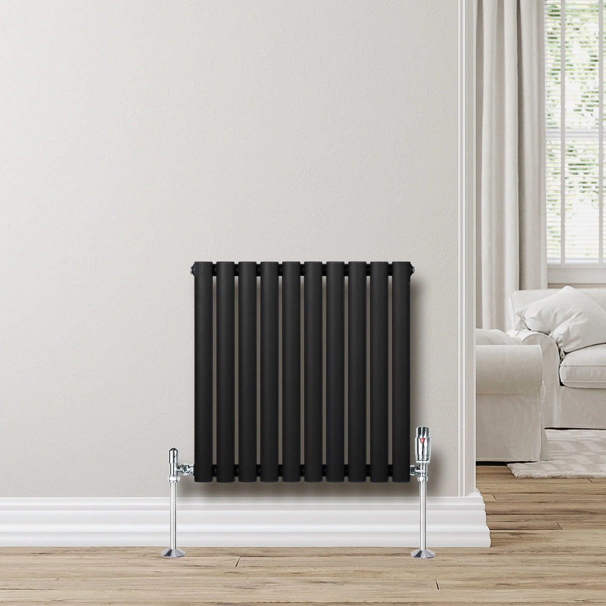 Oval Single Column Radiator & Valves  600mm x 600mm  Black