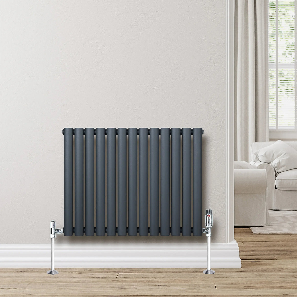 Oval Single Column Radiator & Valves  600mm x 780mm  Anthracite Grey
