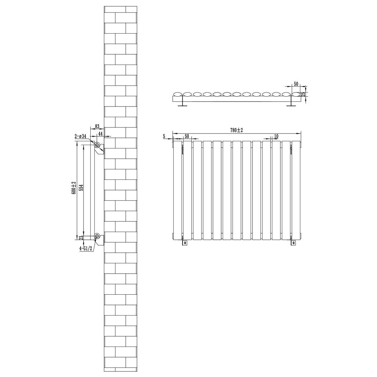 Oval Single Column Radiator & Valves  600mm x 780mm  Black