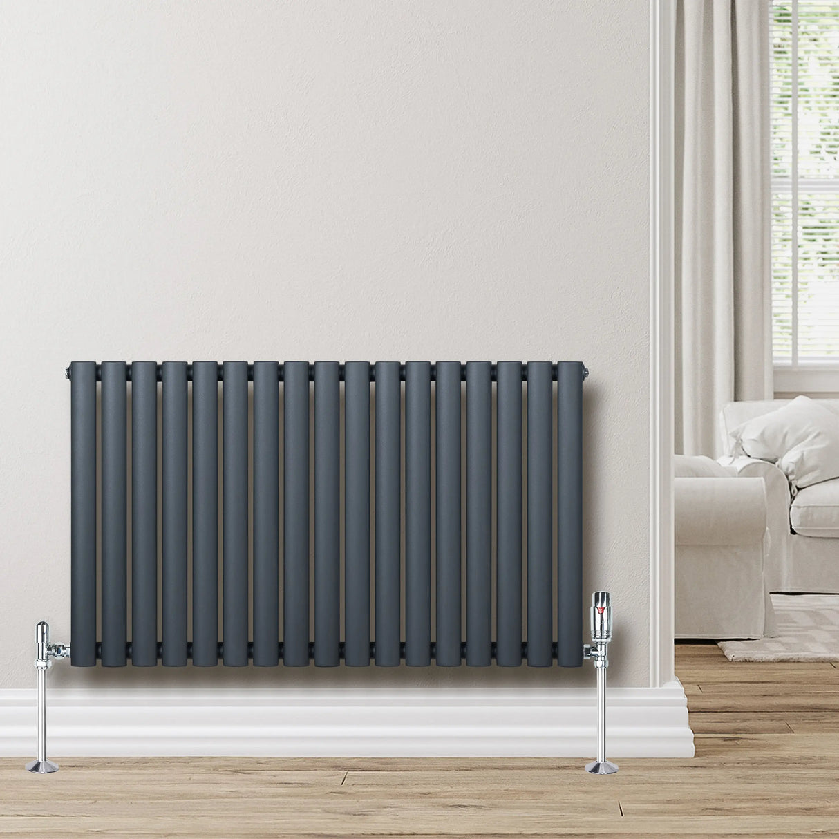 Oval Single Column Radiator & Valves  600mm x 1020mm  Anthracite Grey