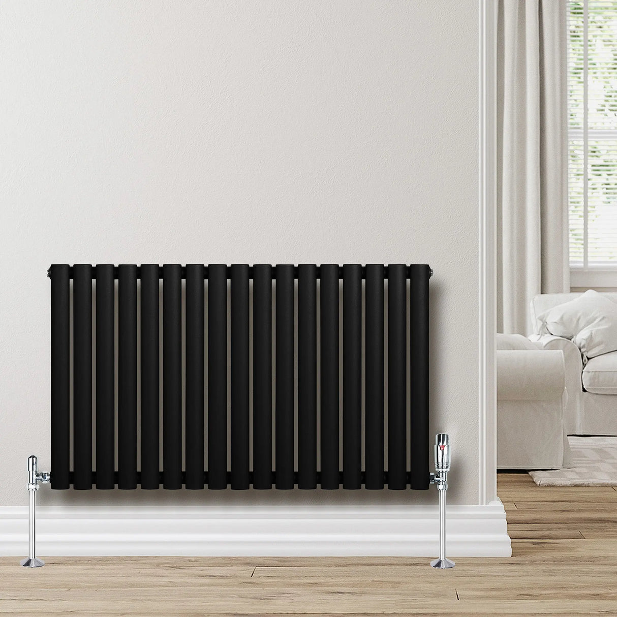 Oval Single Column Radiator & Valves  600mm x 1020mm  Black