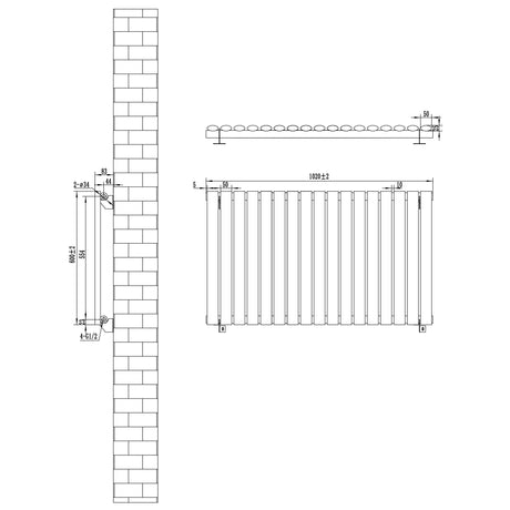 Oval Single Column Radiator & Valves  600mm x 1020mm  White