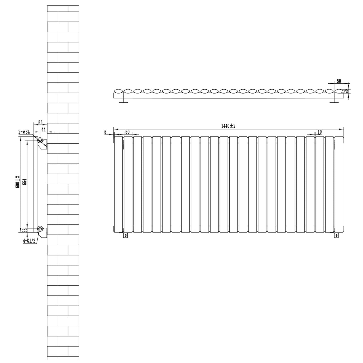 Oval Single Column Radiator & Valves  600mm x 1440mm  Anthracite Grey