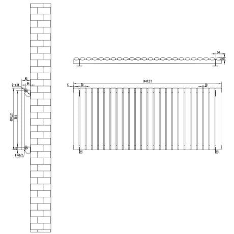 Oval Single Column Radiator & Valves  600mm x 1440mm  Black