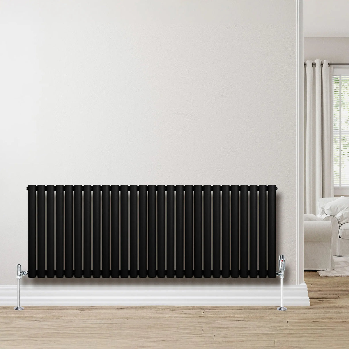 Oval Single Column Radiator & Valves  600mm x 1620mm  Black