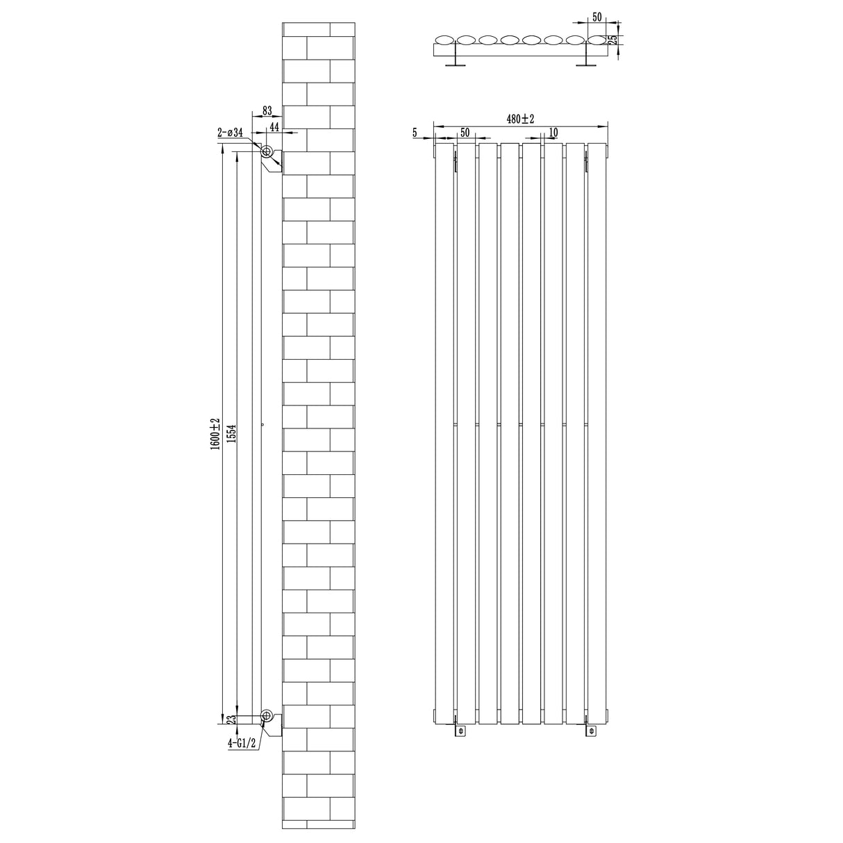 Oval Single Column Radiator & Valves  1600mm x 480mm  Anthracite Grey